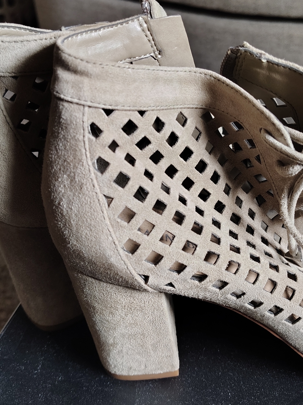 Gianni Bini Taupe Cutout Lace-Up Block Heel Booties
